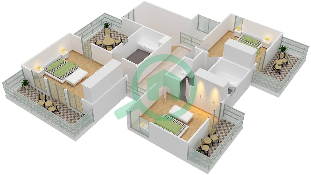 绍尔1区 - 3 卧室别墅类型6戶型图 interactive3D