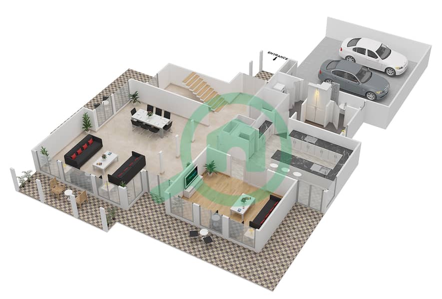 绍尔1区 - 3 卧室别墅类型6戶型图 interactive3D