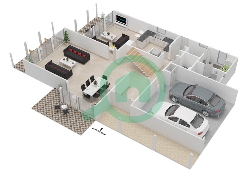 المخططات الطابقية لتصميم النموذج 9 فیلا 3 غرف نوم - صهيل 1 Ground Floor interactive3D