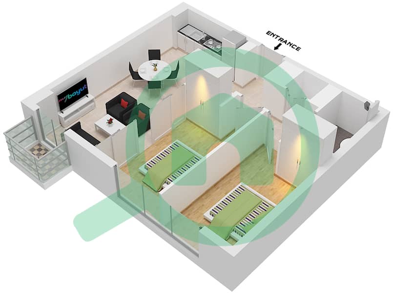 المخططات الطابقية لتصميم الوحدة 1  FLOOR 01 شقة 2 غرفة نوم - جولف فل interactive3D