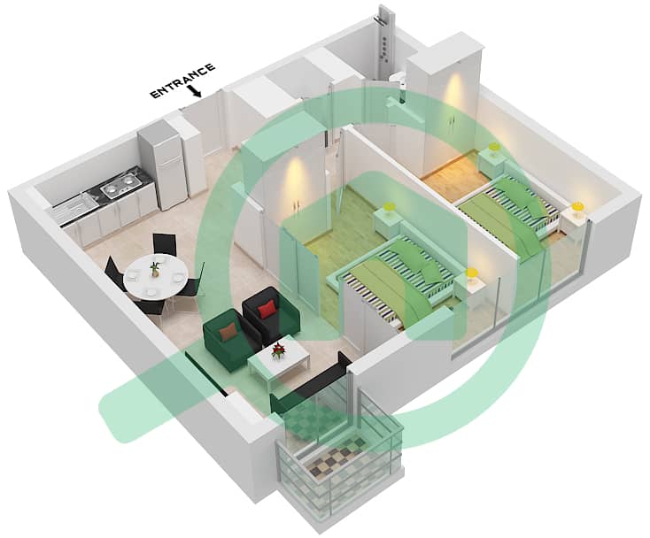 高尔夫小镇 - 2 卧室公寓单位1戶型图 interactive3D