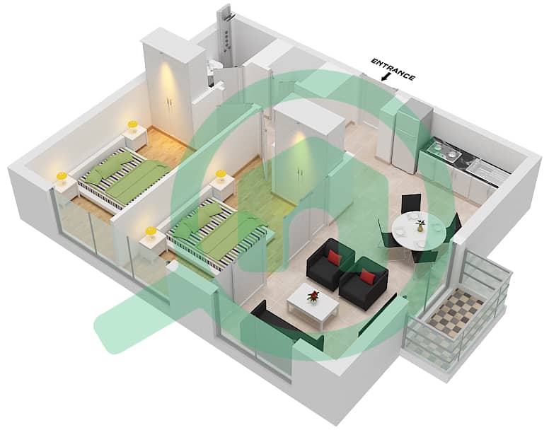 高尔夫小镇 - 2 卧室公寓单位5戶型图 interactive3D