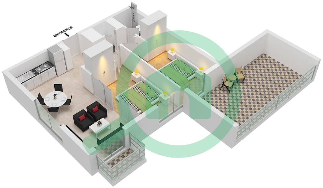 المخططات الطابقية لتصميم الوحدة 23 شقة 2 غرفة نوم - جولف فل interactive3D