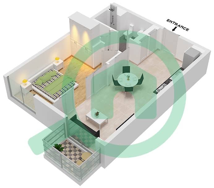 Гольфвилле - Апартамент 1 Спальня планировка Единица измерения 6 interactive3D