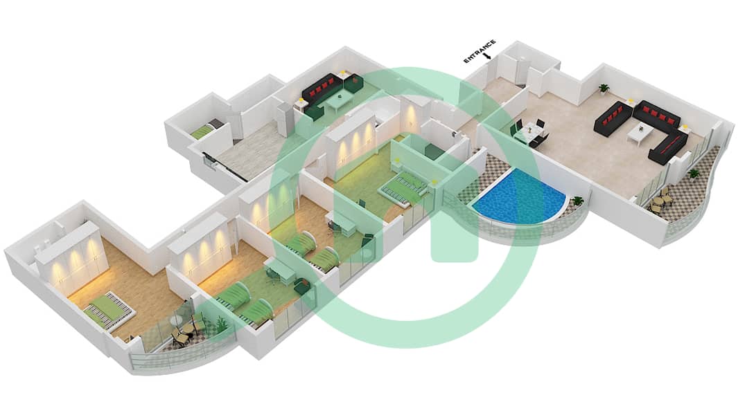 المخططات الطابقية لتصميم الوحدة 4 بنتهاوس 4 غرف نوم - برج أساس interactive3D