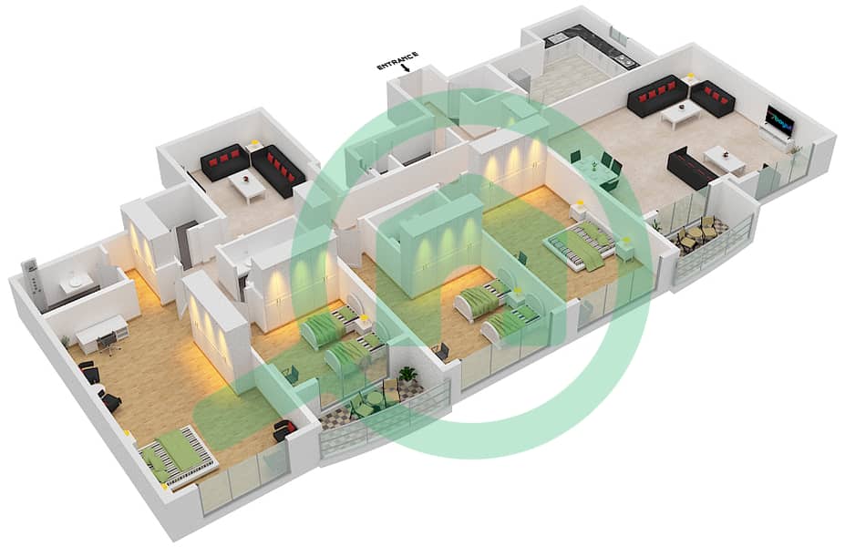 المخططات الطابقية لتصميم الوحدة 8 بنتهاوس 4 غرف نوم - برج أساس interactive3D