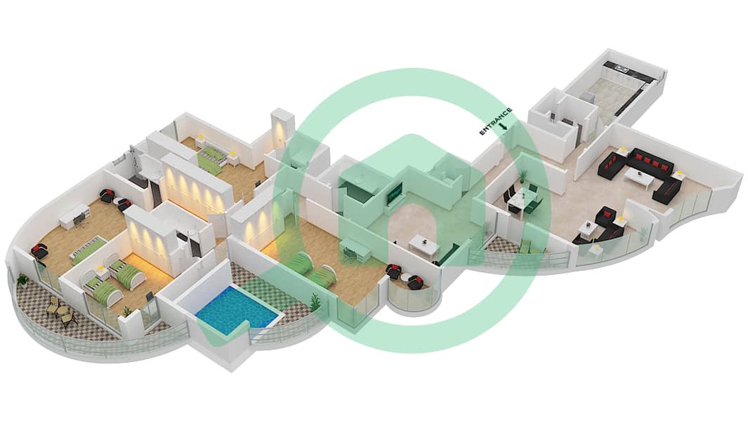 المخططات الطابقية لتصميم الوحدة 7 بنتهاوس 4 غرف نوم - برج أساس interactive3D