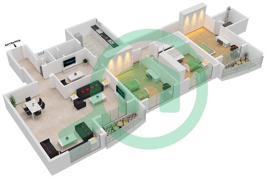 المخططات الطابقية لتصميم الوحدة 6 بنتهاوس 3 غرف نوم - برج أساس interactive3D