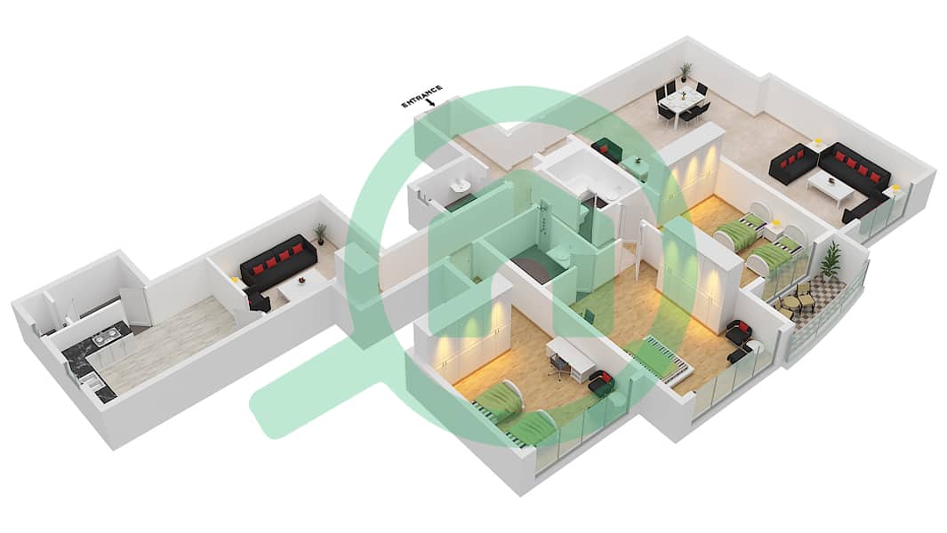 المخططات الطابقية لتصميم الوحدة 5 بنتهاوس 3 غرف نوم - برج أساس interactive3D