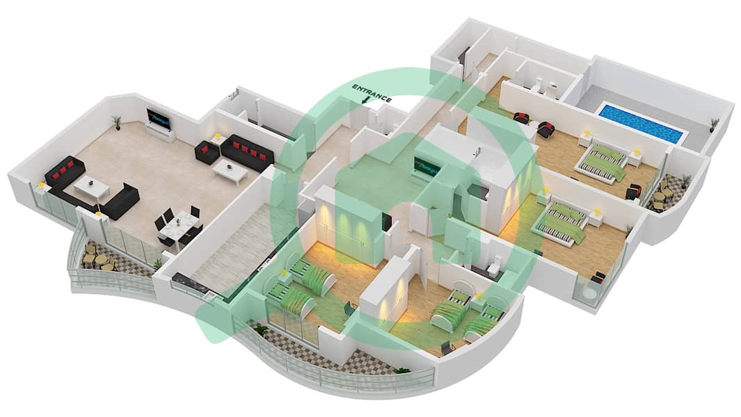 المخططات الطابقية لتصميم الوحدة 2 بنتهاوس 4 غرف نوم - برج أساس interactive3D