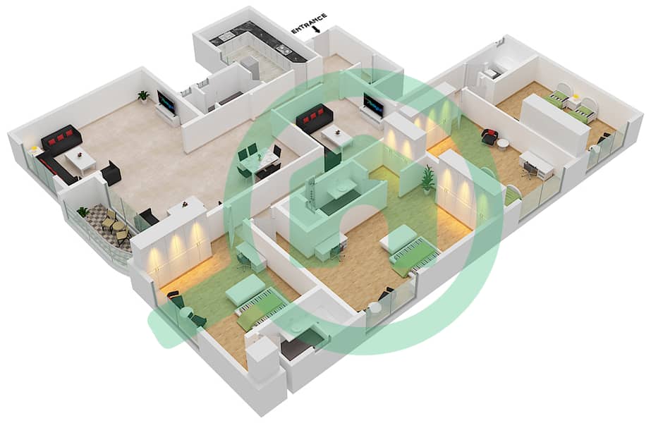 المخططات الطابقية لتصميم الوحدة 1 بنتهاوس 4 غرف نوم - برج أساس interactive3D