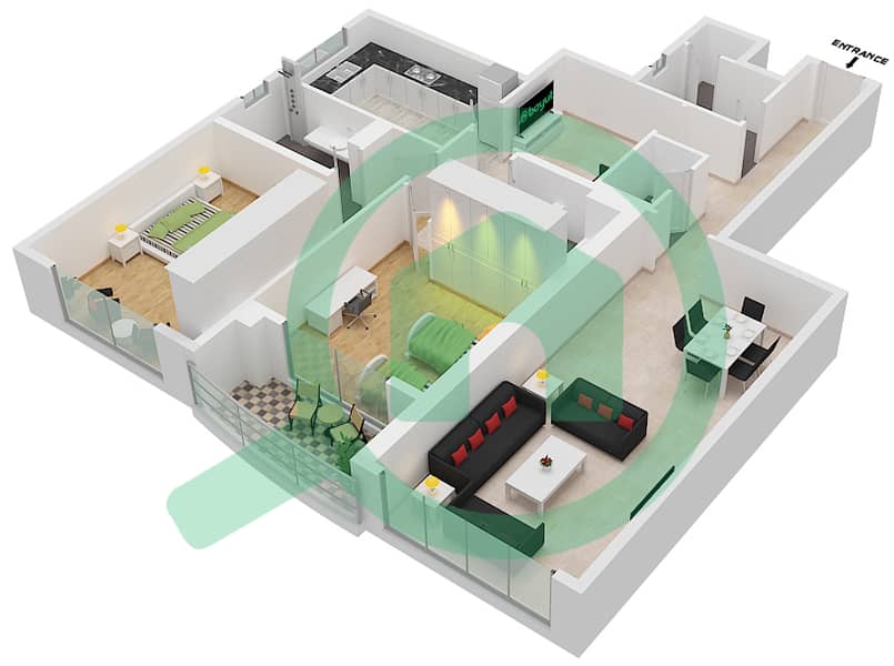المخططات الطابقية لتصميم الوحدة 14 بنتهاوس 2 غرفة نوم - برج أساس interactive3D