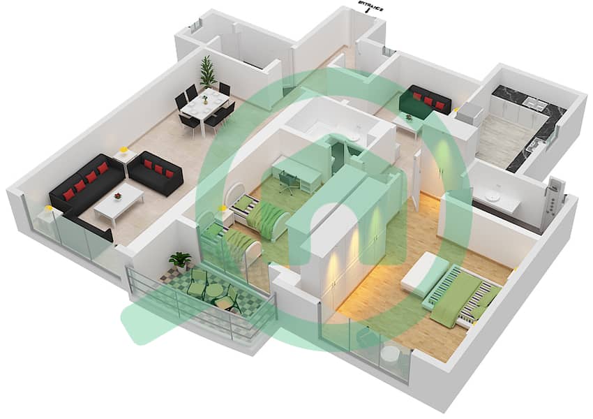 المخططات الطابقية لتصميم الوحدة 13 شقة 2 غرفة نوم - برج أساس interactive3D