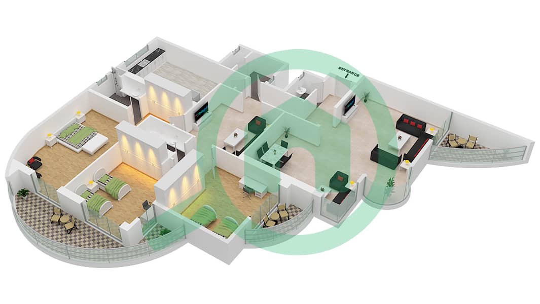المخططات الطابقية لتصميم الوحدة 12 شقة 3 غرف نوم - برج أساس interactive3D