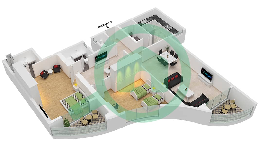 المخططات الطابقية لتصميم الوحدة 11 شقة 2 غرفة نوم - برج أساس interactive3D
