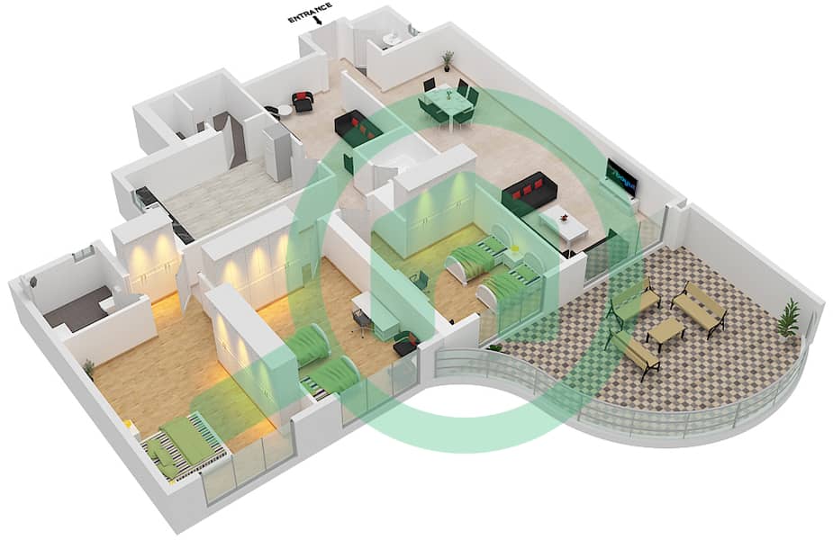 المخططات الطابقية لتصميم الوحدة 10 شقة 3 غرف نوم - برج أساس interactive3D