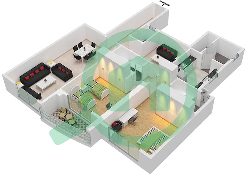 المخططات الطابقية لتصميم الوحدة 9 شقة 2 غرفة نوم - برج أساس interactive3D