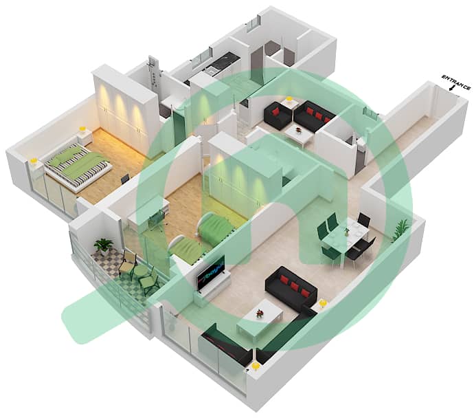 المخططات الطابقية لتصميم الوحدة 8 شقة 2 غرفة نوم - برج أساس interactive3D