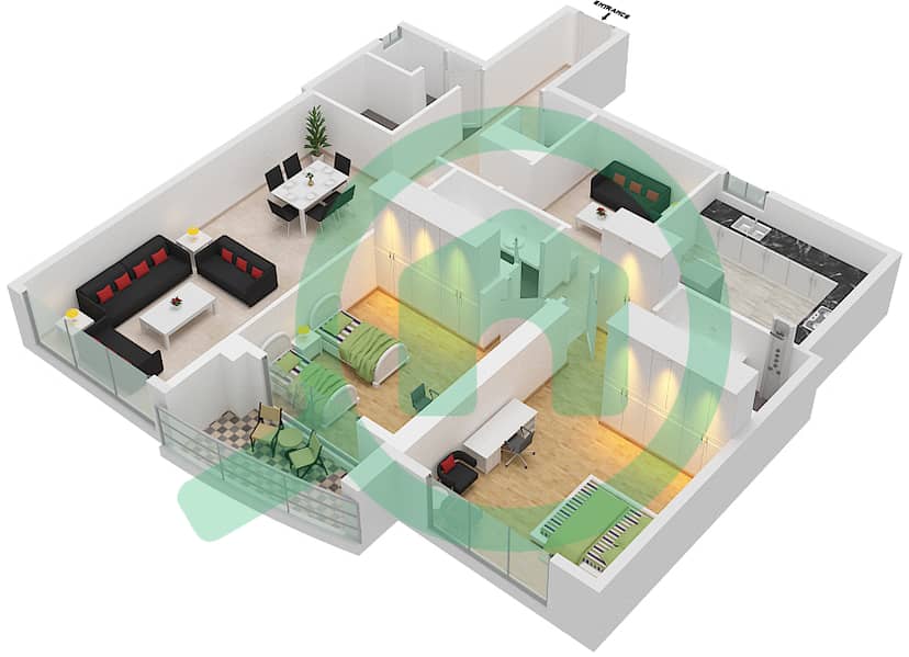 المخططات الطابقية لتصميم الوحدة 7 شقة 2 غرفة نوم - برج أساس interactive3D