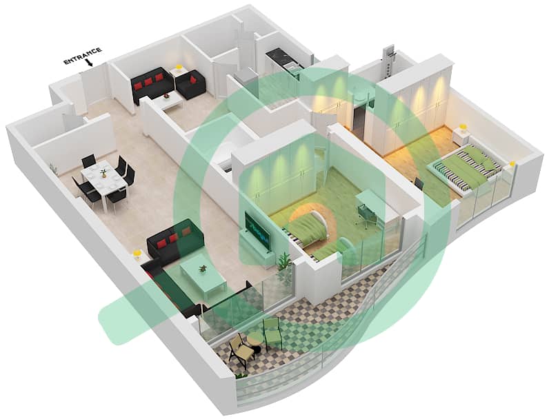 المخططات الطابقية لتصميم الوحدة 6 شقة 2 غرفة نوم - برج أساس interactive3D