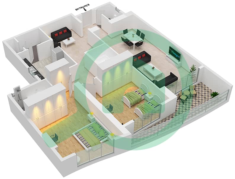 المخططات الطابقية لتصميم الوحدة 5 شقة 2 غرفة نوم - برج أساس interactive3D