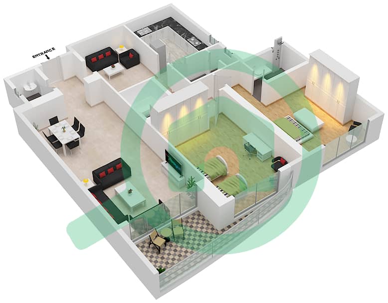 Асас Тауэр - Апартамент 2 Cпальни планировка Единица измерения 4 interactive3D