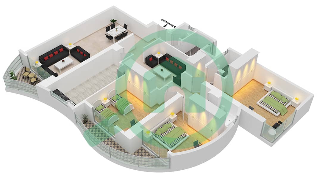 المخططات الطابقية لتصميم الوحدة 3 شقة 3 غرف نوم - برج أساس interactive3D