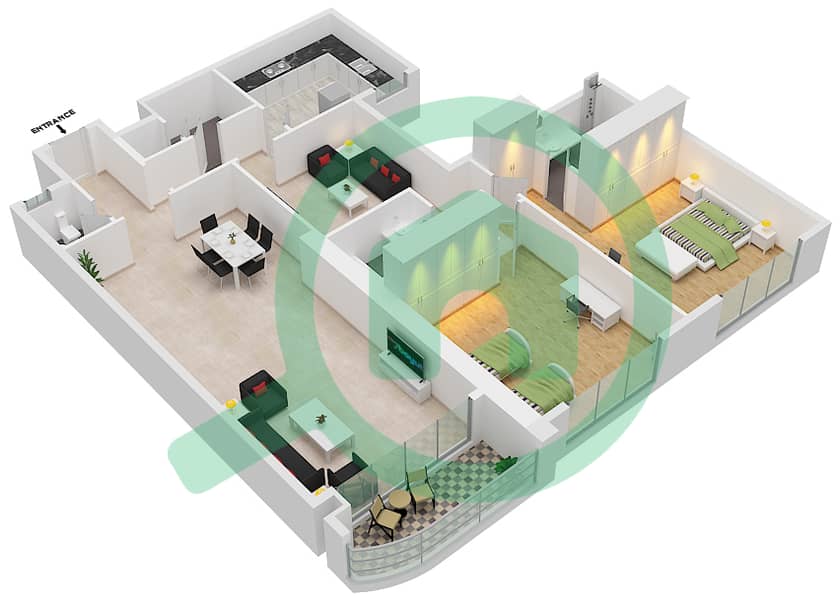 阿萨斯大厦 - 2 卧室公寓单位2戶型图 interactive3D