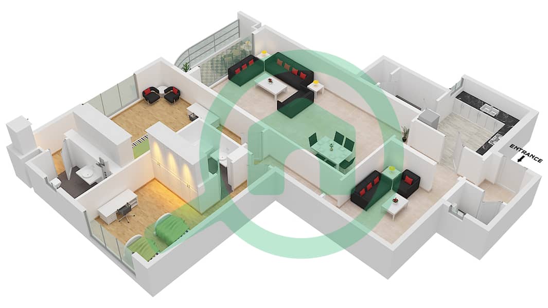 المخططات الطابقية لتصميم الوحدة 1 شقة 2 غرفة نوم - برج أساس interactive3D