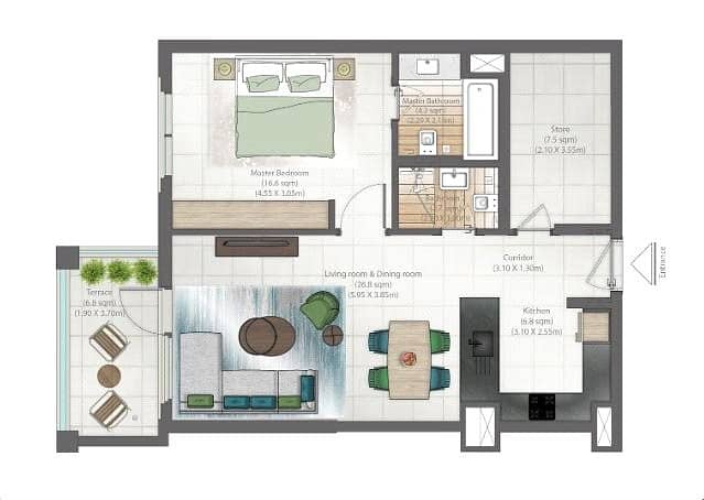 16 1 Bed + Study | Chiller Free | 848 Sq. Ft.