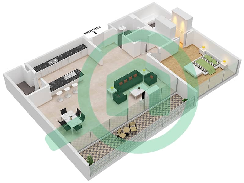 المخططات الطابقية لتصميم النموذج / الوحدة B2.1/102,202,302 شقة 1 غرفة نوم - بناية 5 interactive3D