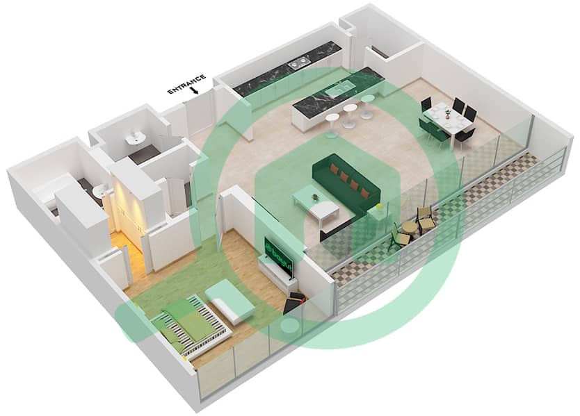 المخططات الطابقية لتصميم النموذج / الوحدة B/103,206,303 شقة 1 غرفة نوم - بناية 5 interactive3D