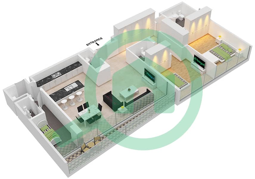 المخططات الطابقية لتصميم النموذج / الوحدة B4/104,204,304 شقة 2 غرفة نوم - بناية 5 interactive3D