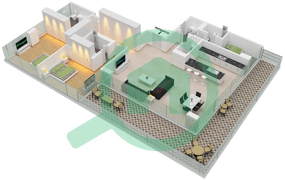 المخططات الطابقية لتصميم النموذج / الوحدة H/101,201,301 شقة 2 غرفة نوم - بناية 5 interactive3D