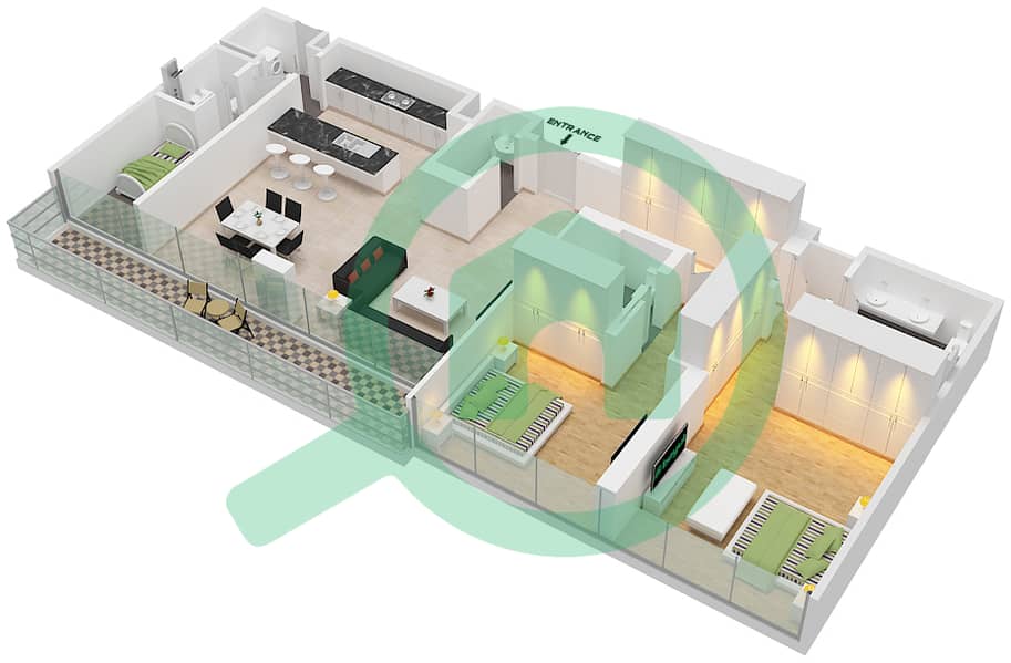 المخططات الطابقية لتصميم النموذج / الوحدة B2.1/105,205,305 شقة 2 غرفة نوم - بناية 5 interactive3D