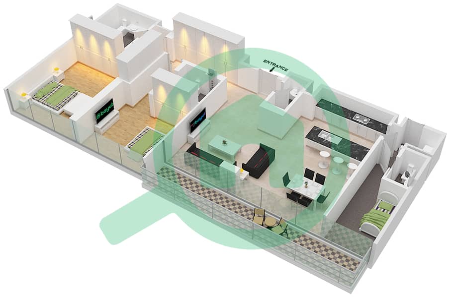 Здание 5 - Апартамент 2 Cпальни планировка Тип/мера B3/112,212,312 interactive3D