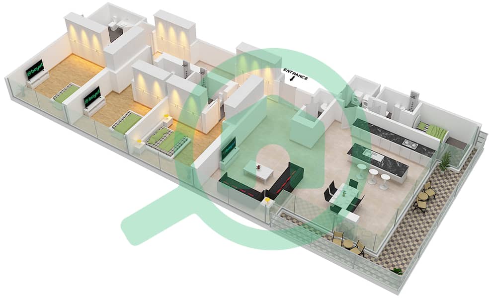 المخططات الطابقية لتصميم النموذج / الوحدة B/111,211,311 شقة 3 غرف نوم - بناية 5 interactive3D