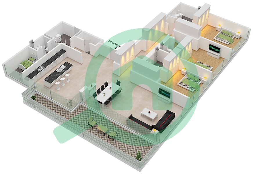 Здание 5 - Апартамент 3 Cпальни планировка Тип/мера J/106,206,306 interactive3D