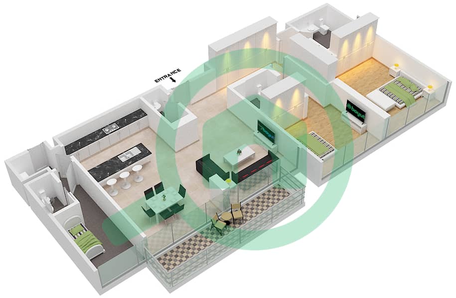المخططات الطابقية لتصميم النموذج / الوحدة B/605 شقة 2 غرفة نوم - بناية 5 interactive3D