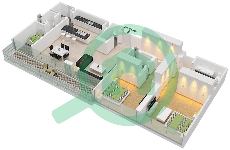 Здание 5 - Апартамент 2 Cпальни планировка Тип/мера B2.2/606 interactive3D