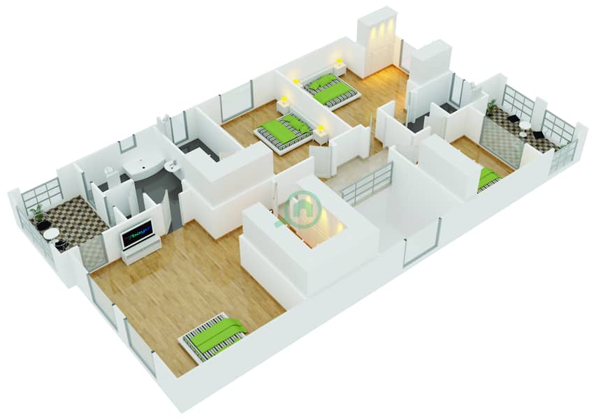 المخططات الطابقية لتصميم النموذج 3 فیلا 5 غرف نوم - سمارة First Floor interactive3D