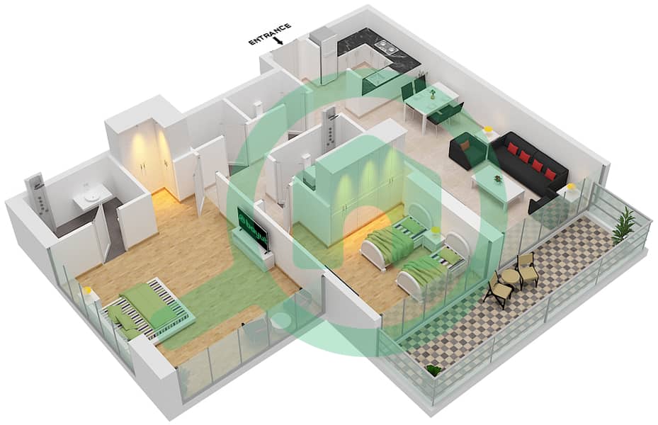 المخططات الطابقية لتصميم الوحدة D10 شقة 2 غرفة نوم - أرتيسيا D Floor 4-14 interactive3D