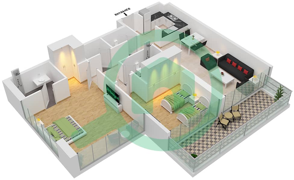 المخططات الطابقية لتصميم الوحدة D05 FLOOR 17,18 شقة 2 غرفة نوم - أرتيسيا D interactive3D