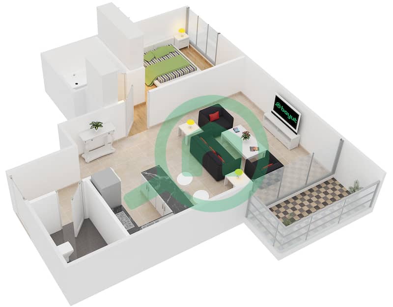 المخططات الطابقية لتصميم النموذج / الوحدة B/1 شقة 1 غرفة نوم - كلايتون ريزيدنسي First Floor interactive3D