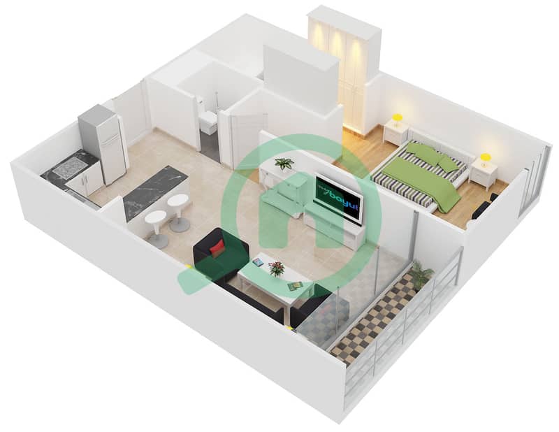 المخططات الطابقية لتصميم النموذج / الوحدة C/2 شقة 1 غرفة نوم - كلايتون ريزيدنسي First Floor interactive3D