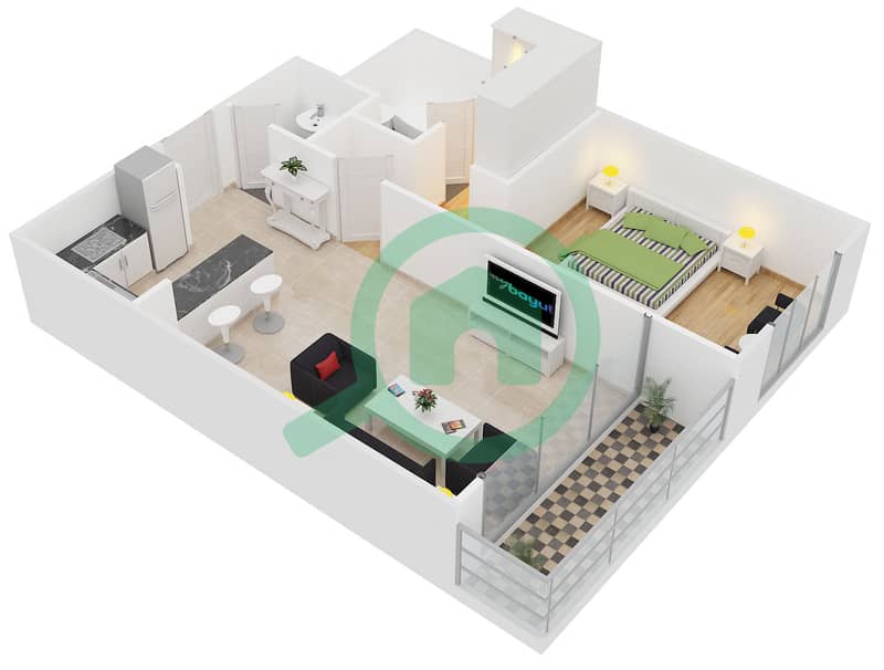 المخططات الطابقية لتصميم النموذج / الوحدة H/7 شقة 1 غرفة نوم - كلايتون ريزيدنسي Floor 2-12,14-15 interactive3D