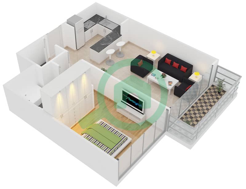 المخططات الطابقية لتصميم النموذج / الوحدة I/8 شقة 1 غرفة نوم - كلايتون ريزيدنسي Floor 2-12,14-15 interactive3D
