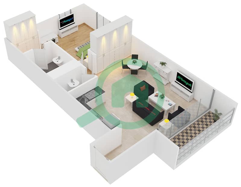Клейтон Резиденции - Апартамент 1 Спальня планировка Тип/мера J/9 Floor 2-12,14-15 interactive3D