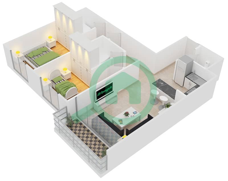 Клейтон Резиденции - Апартамент 1 Спальня планировка Тип/мера L/1 Floor 17-20 interactive3D