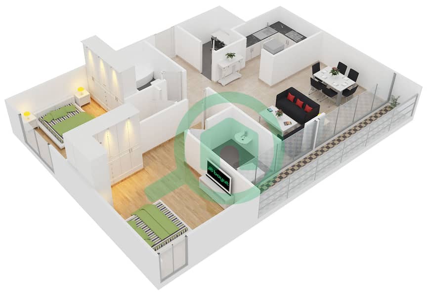 Клейтон Резиденции - Апартамент 2 Cпальни планировка Тип/мера M/2 Floor 17-20 interactive3D